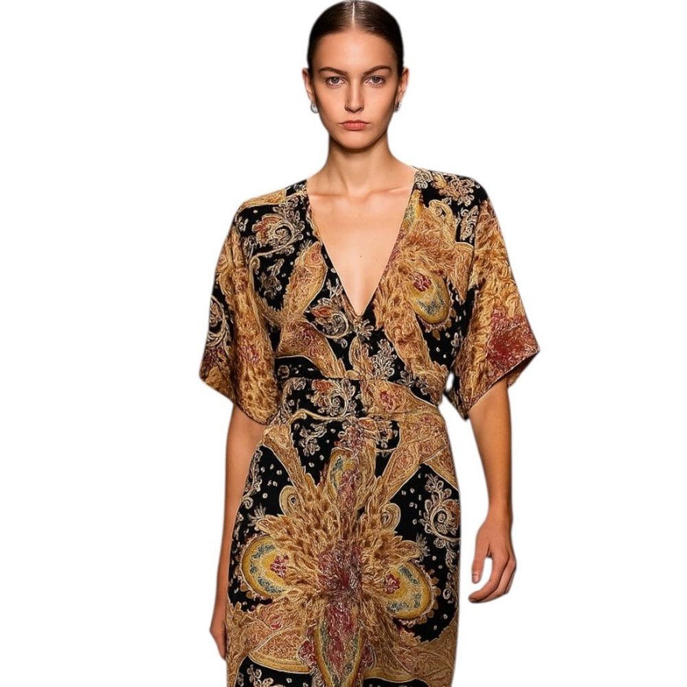 Kopa Silk Paisley Dress Boho Chic Midi  Size small